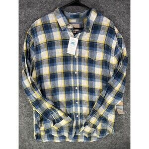 True Grit California Plaid Linen Blend Button Shirt XL Blue Yellow NWT